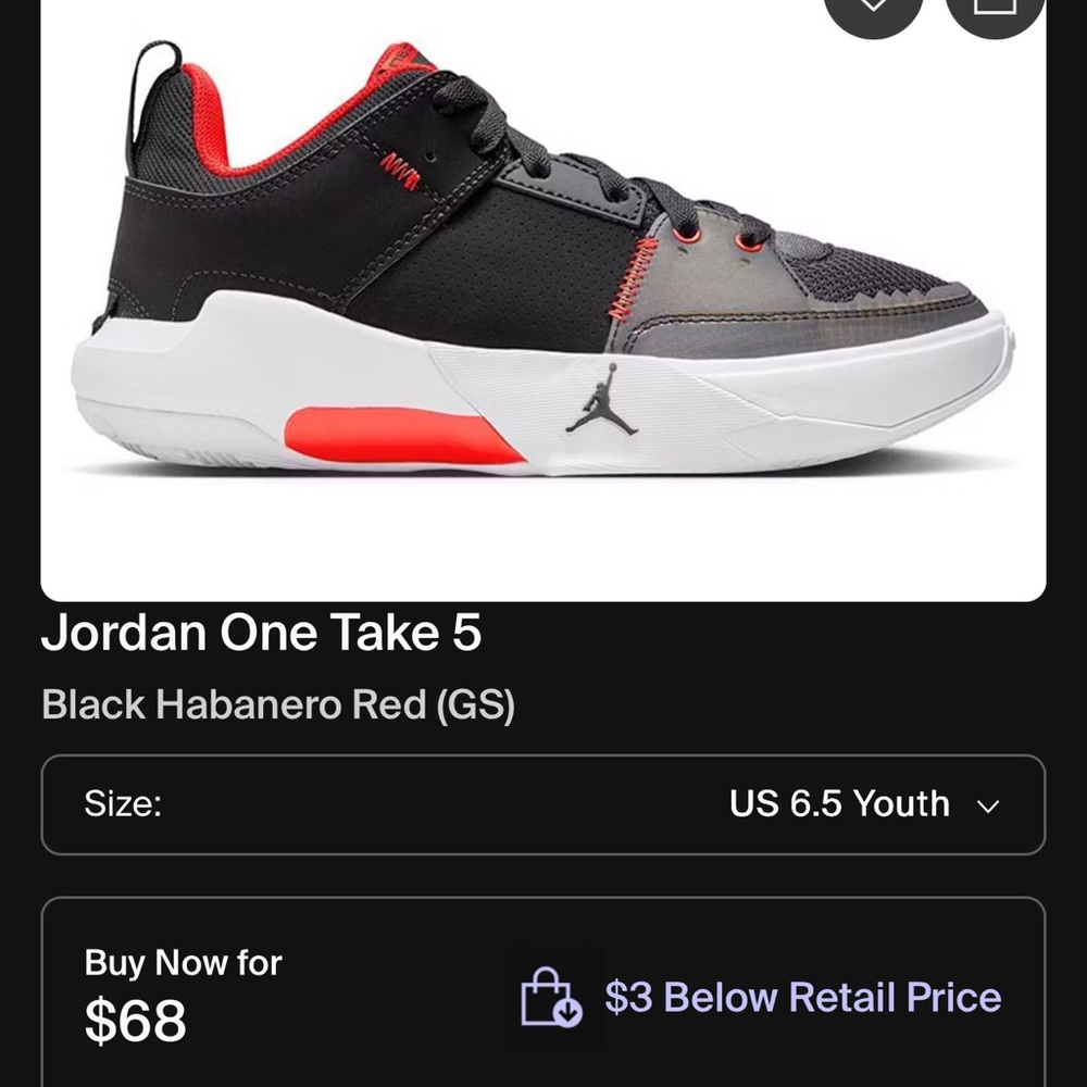 Jordan One Take 5 Kids' Sneakers - Black and Habanero Red 6.5Y